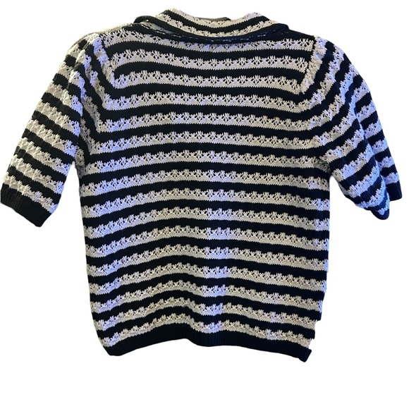Aqua Pointelle Short Sleeve Button-Up Sweater Black & White Stripe Size S - Picture 2 of 5